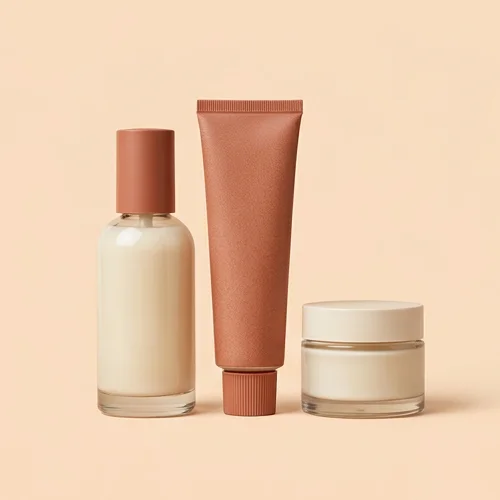 An understated still life of unbranded skincare bottles and a cream jar in warm neutral tones